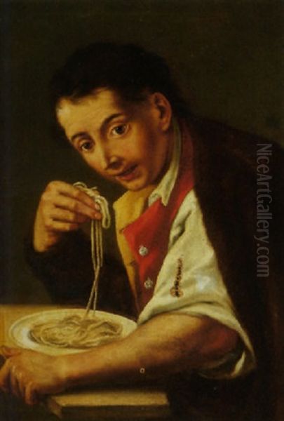 A Young Man Eating Spaghetti Oil Painting by Giuseppe Bonito
