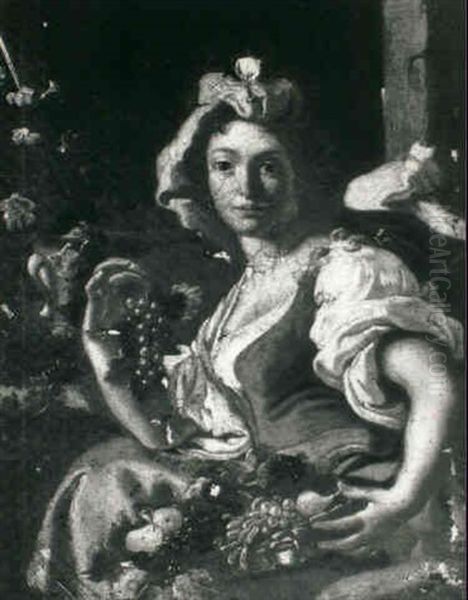 A Peasant Girl Seated, Holding A Bunch Of Grapes Oil Painting by Giuseppe Bonito