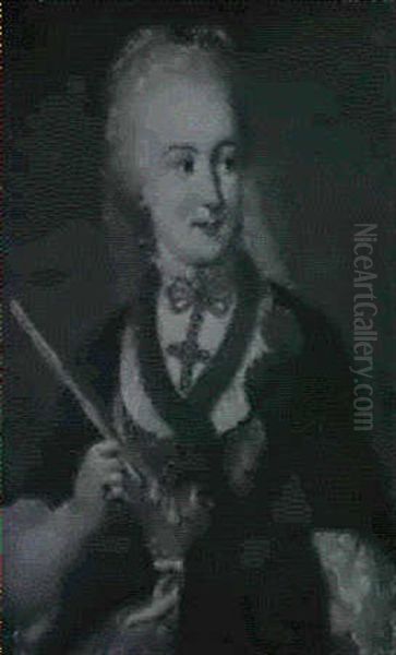 Portrait Of A Lady, Half Length, In A Black Open Dress With A Blue And Gold Embroidered Skirt With A Pearl Choker... Oil Painting by Giuseppe Bonito