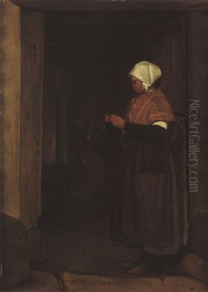 Paysanne Tricotant Oil Painting by Francois Bonvin