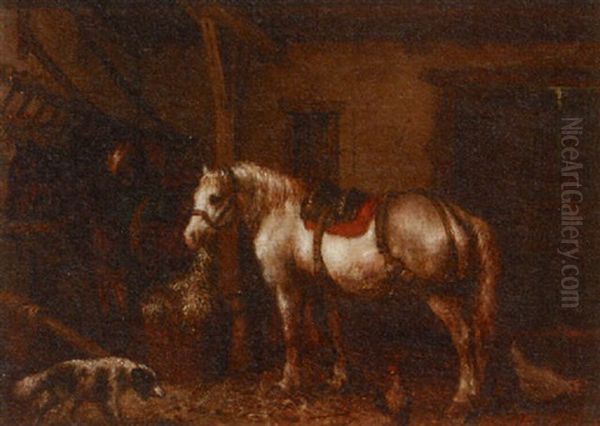 Stable Interior With Horses And A Dog Oil Painting by Willem Jacobus Boogaard