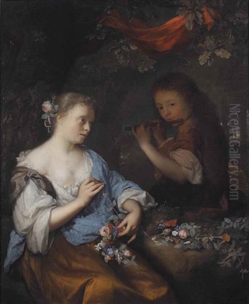 A Seated Young Woman Fashioning A Garland Of Flowers With A Boy Playing A Flute, In A Wooded Landscape Oil Painting by Arnold Boonen