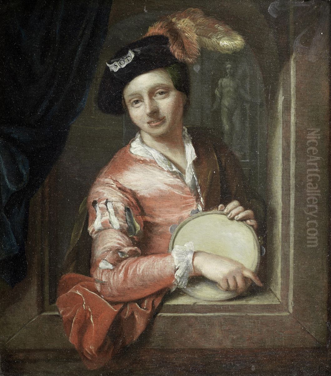 A Young Boy Holding A Tambourine, At An Arch Oil Painting by Arnold Boonen