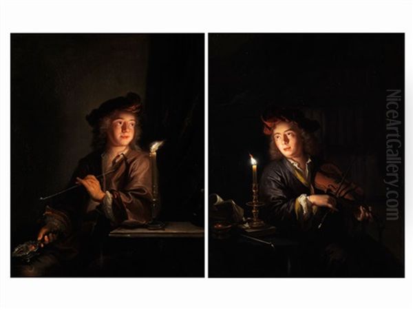Knabe Mit Langer Meerschaumpfeife Vor Einem Kerzenlicht (+ Knabe Mit Einer Violine Bei Kerzenlicht; Pair) Oil Painting by Arnold Boonen