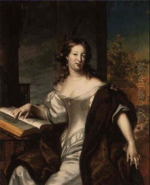 Portrait Of A Lady In A White Dress And Fur-lined Cape With A Book Oil Painting by Arnold Boonen