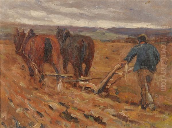 Farmer Ploughing With Horses Oil Painting by James William Booth