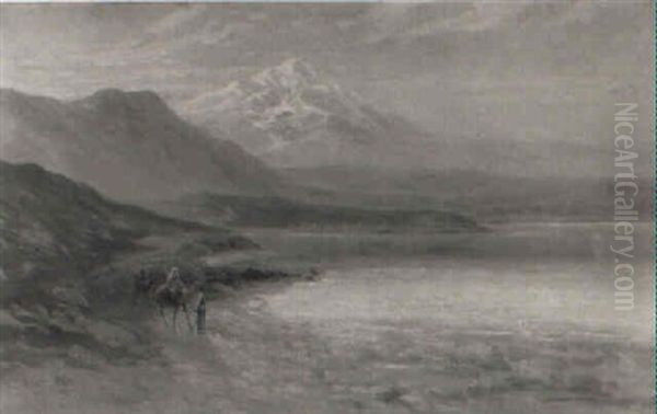 Travellers With Camels Beside A Lake (lake Hula?) Oil Painting by Samuel Lawson Booth