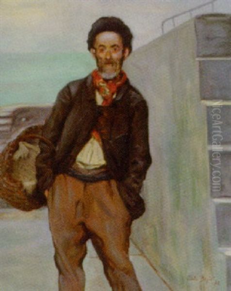 Mand Med Kurv Pa Havnekaj Oil Painting by Jules Charles Boquet