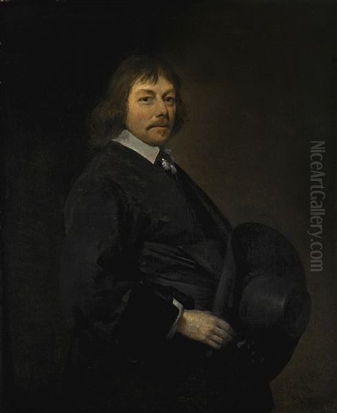 Portrait Of A Man, Three-quarter-length, Holding His Hat Oil Painting by Gerard Ter Borch