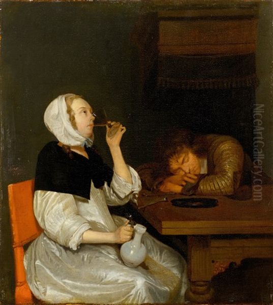 A Drinking Couple In An Interior Oil Painting by Gerard Ter Borch