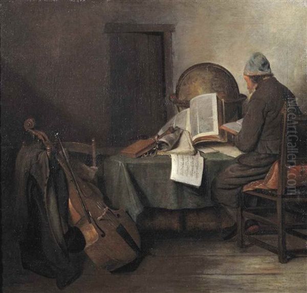 A Scholar In His Study, Seated At A Table Reading A Book Oil Painting by Gerard Ter Borch