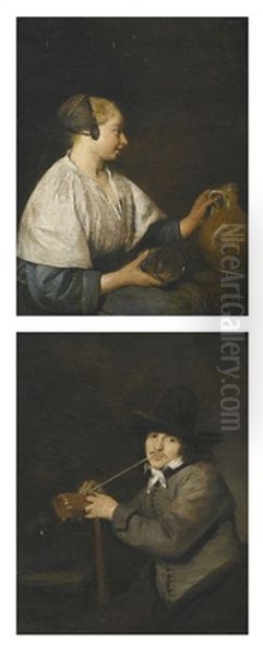 Portrait Of A Woman In Profile, Holding A Jug; Portrait Of A Man Smoking (pair) Oil Painting by Gerard Ter Borch