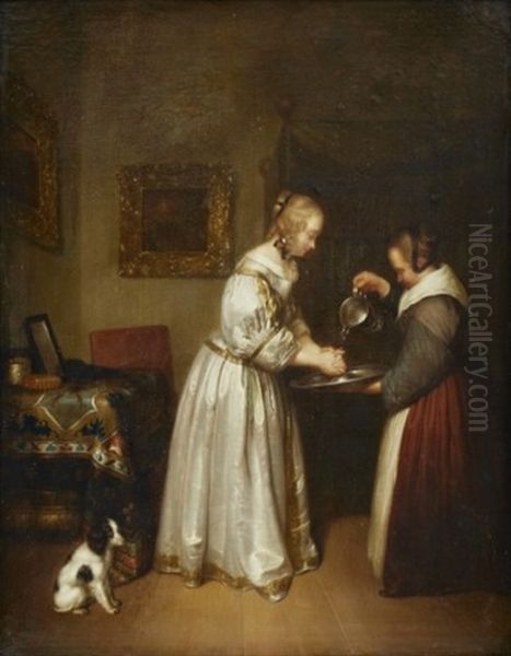 Interior Med Tva Kvinnor Oil Painting by Gerard Ter Borch