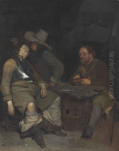 A Guardroom Interior With A Soldier Blowing Smoke In The Face Of His Sleeping Companion Oil Painting by Gerard Ter Borch