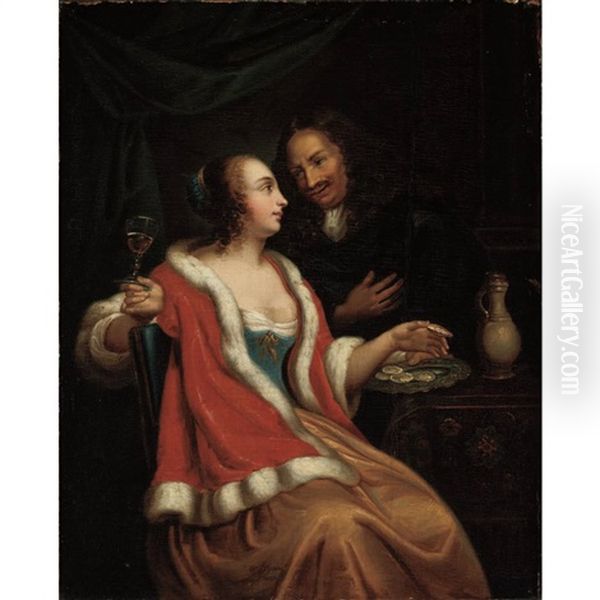 A Conversation Over A Plate Of Oysters Oil Painting by Gerard Ter Borch