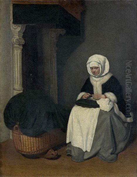 Jeune Femme A Son Ouvrage Dans Un Interieur Oil Painting by Gerard Ter Borch