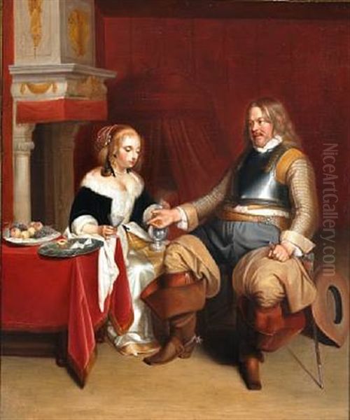 A Young Woman Is Offering A Cavalier A Glass Of Wine Oil Painting by Gerard Ter Borch