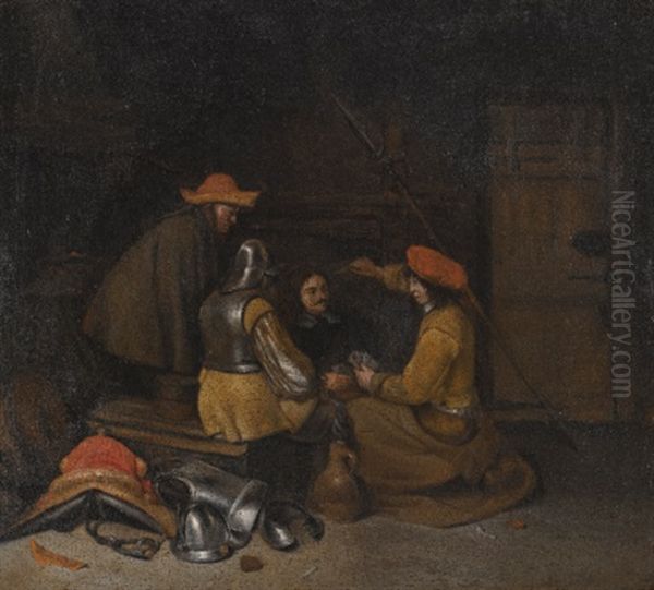 A Guardroom Interior With Four Figures Drinking And Playing Cards Oil Painting by Gerard Ter Borch