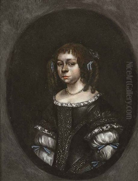 Portrait Of A Girl In A Dark Grey Dress With Blue Ribbons And A Pearl Necklace Oil Painting by Gerard Ter Borch