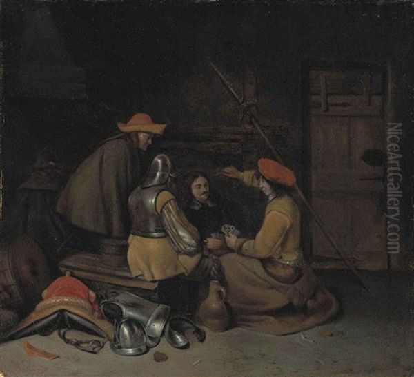 Soldiers Playing Cards In An Interior Oil Painting by Gerard Ter Borch