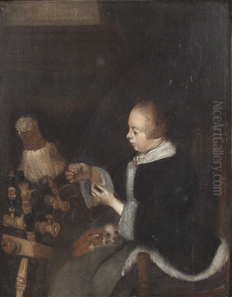 Fraulein Mit Hundchen Am Spinnrad Oil Painting by Gerard Ter Borch