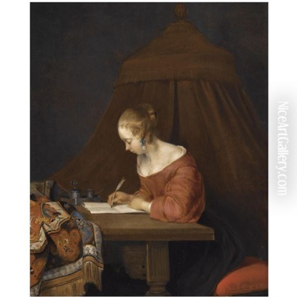 A Young Lady Writing At Her Desk Oil Painting by Gerard Ter Borch