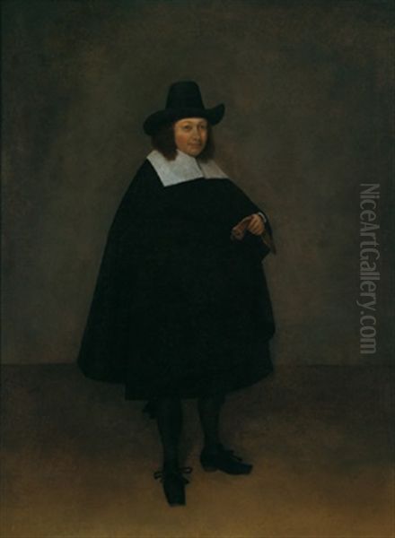 Ganzfiguriges Bildnis Eines Herrn, Der Handschuhe In Seiner Rechten Halt Oil Painting by Gerard Ter Borch