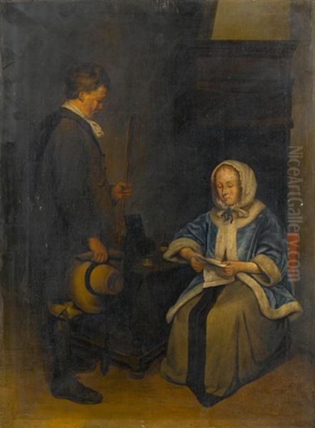 An Elegant Lady Reading A Letter In The Presence Of A Messenger Oil Painting by Gerard Ter Borch