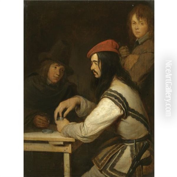 Three Men In A Tavern, One Taking Snuff Oil Painting by Gerard Ter Borch