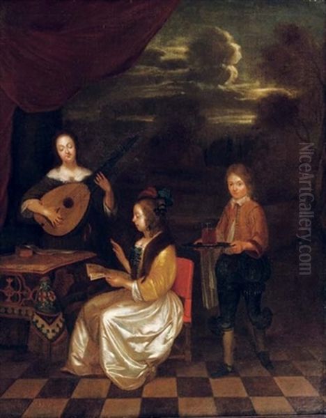 Two Ladies Playing Music With A Boy Serving Drinks Oil Painting by Gerard Ter Borch