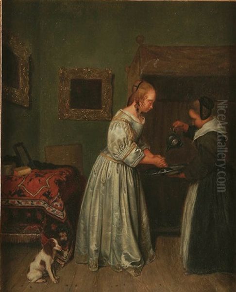 An Elegant Lady With Maidservant Washing Her Hands And Dog Looking On Oil Painting by Gerard Ter Borch