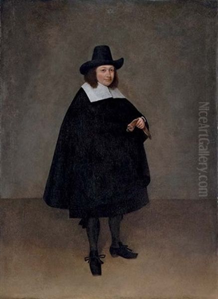 Portrait Of A Gentleman Wearing A Black Suit And Hat, With Gloves In His Right Hand Oil Painting by Gerard Ter Borch