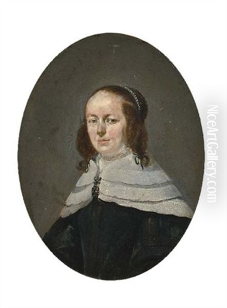 A Portrait Of A Bearded Man, Bust Length, Wearing A Black Coat With Lace Collar (+ A Portrait Of A Lady, Bust Length, Wearing A Black Dress With A Lace Collar And A Pearl Neck Lace; Pair) Oil Painting by Gerard Ter Borch