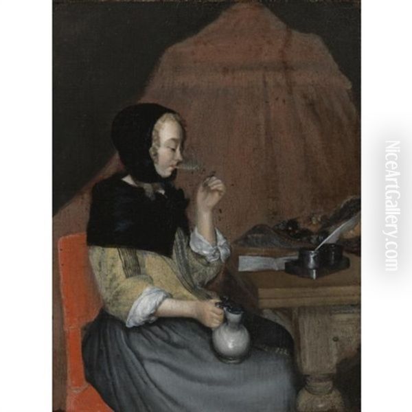 A Young Woman Drinking Oil Painting by Gerard Ter Borch