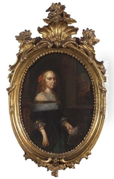 A Portrait Of A Lady Wearing A Black Dress With A Lace Collar And Cuffs Holding A Fan Oil Painting by Gerard Ter Borch