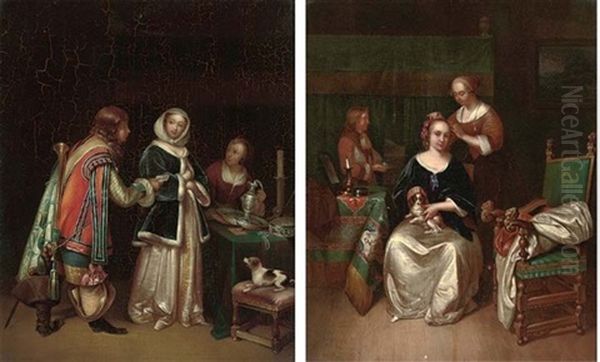 Ladies In An Interior Receiving A Letter From A Gentleman Caller (+ An Elegant Lady Seated At Her Table With A Dog On Her Lap, A Maid Tying Ribbons In Her Hair; Pair) Oil Painting by Gerard Ter Borch