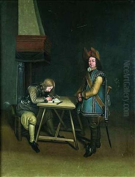 Interieurszene Mit Einem Briefeschreibenden Offizier An Einem Tisch Oil Painting by Gerard Ter Borch
