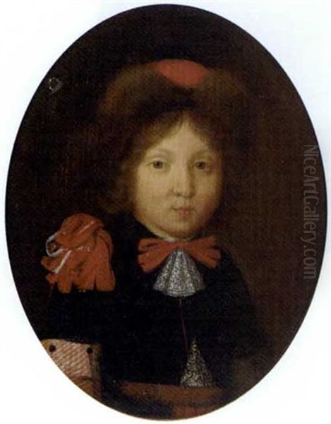 Portrait Of A Boy, Bust-length, In A Fur Hat And A Costume With Red Ribbons Oil Painting by Gerard Ter Borch