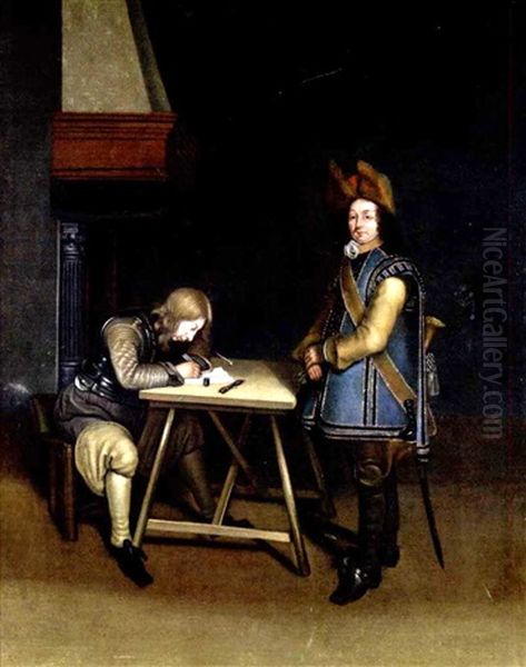 Interieurszene Mit Einem Briefeschreibendem Offizier An Einem Tisch Oil Painting by Gerard Ter Borch