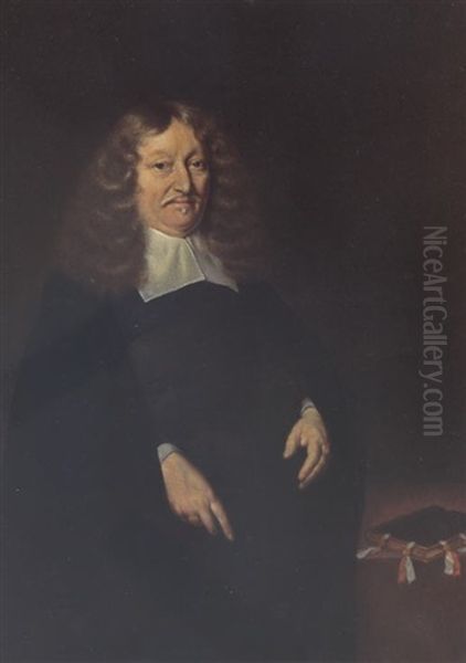 A Portrait Of Andries De Graeff, Burgomaster Of Amsterdam, Wearing A Black Suit And White Collar, Beside A Desk With A Book Oil Painting by Gerard Ter Borch