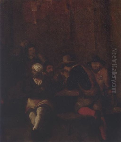 Peasants Drinking And Smoking In An Inn Oil Painting by Gerard Ter Borch