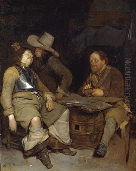 A Guard Room Interior With A Soldier Blowing Smoke In The Face Of His Sleeping Companion, A Third Looking On Oil Painting by Gerard Ter Borch