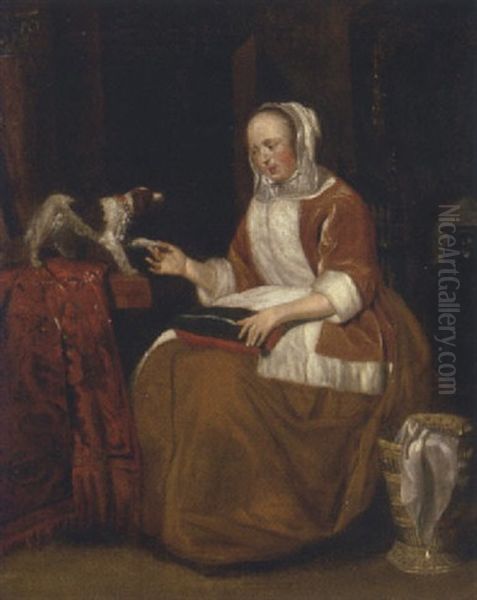 A Lady Seated In An Interior, With A Dog On A Partly Draped Table Oil Painting by Gerard Ter Borch