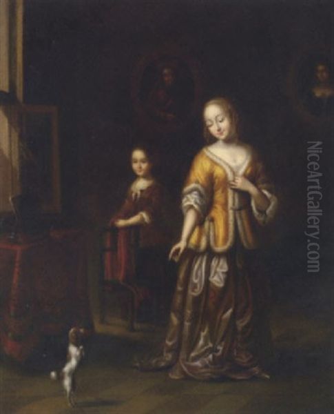 A Lady In An Elegant Interior With A Dog And A Maid Oil Painting by Gerard Ter Borch