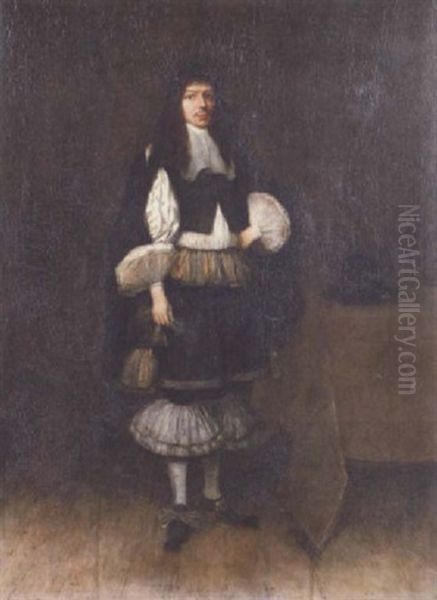 Portrait Of A Gentleman In Black Costume With A White Chemise, Cuffs And Collar, By A Table With A Hat Oil Painting by Gerard Ter Borch
