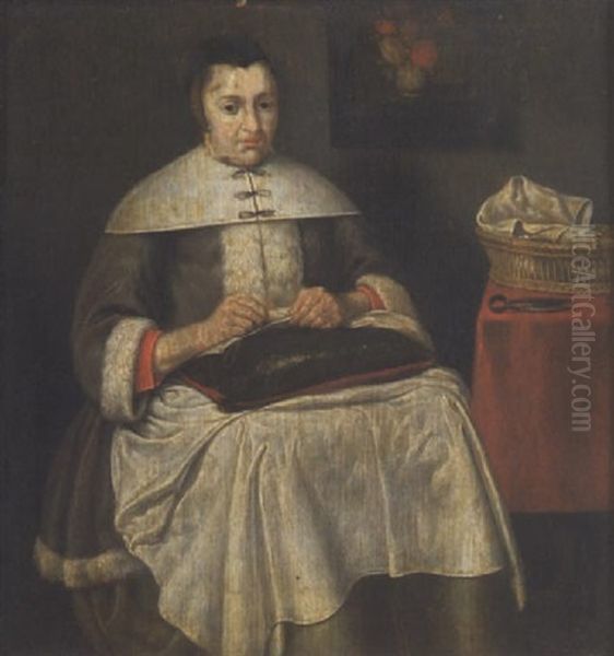 A Lady Seated Sewing, Her Basket And Scissors Beside Her Oil Painting by Gerard Ter Borch