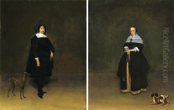 Portrait Of A Gentleman In Black Costume With A Sash And White Collar And Cuffs, His Gloves In His Left Hand, A Whippet At His Side Oil Painting by Gerard Ter Borch