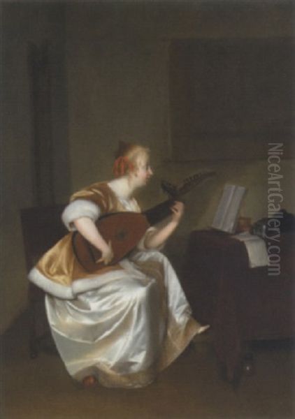 Woman Playing A Lute Oil Painting by Gerard Ter Borch