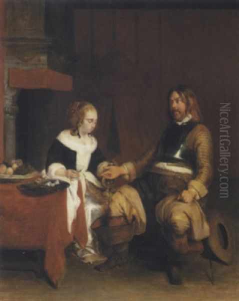 A Soldier Offering A Young Woman Coins Oil Painting by Gerard Ter Borch