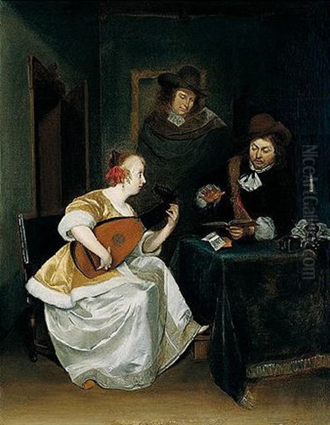 An Interior With Two Gentlemen And A Lady Playing A Lute Oil Painting by Gerard Ter Borch